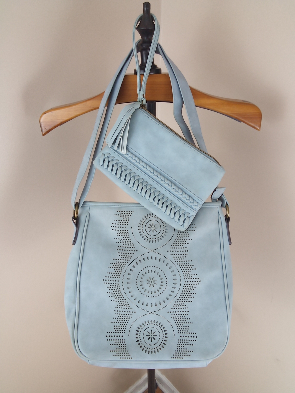 Maurices Pale Blue Laser-Cut Shoulder Bag with Matching Wristlet